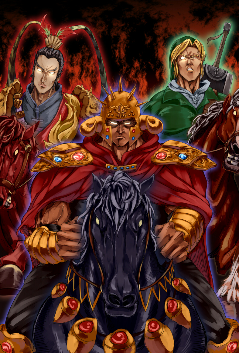 3boys, asutora, aura, berserk, black_pants, blonde_hair, bracelet, cape