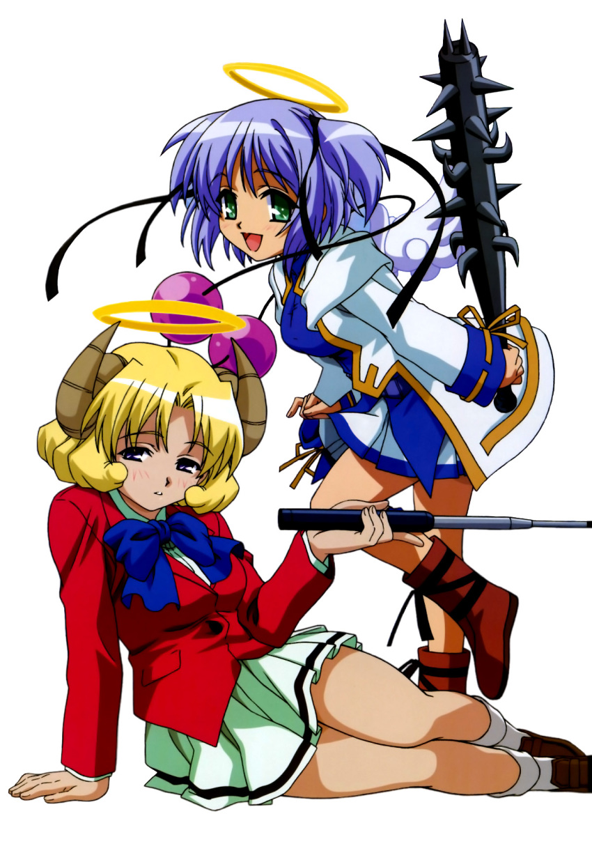 00s, 2girls, angel, angel_wings, arm_support, baton, baton_(weapon), blazer