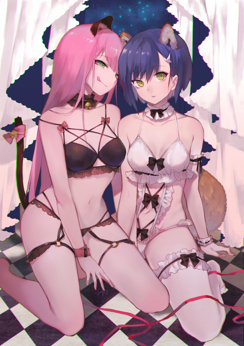 10s, 1girl, 2girls, :q, absurdres, alternate_costume, animal_ears, bare_shoulders, barefoot, bell, black_bow, black_bra, black_panties, blue_hair, bow, bra, breasts, cat_ears, cat_tail, checkered_floor, chromatic_aberration, closed_mouth, commentary, curtains, darling_in_the_franxx, eyeshadow, fox_ears, fox_tail, frilled_thigh_strap, green_eyes, hair_ornament, hairclip, highres, ichigo_(darling_in_the_franxx), jingle_bell, kemonomimi_mode, kneeling, lingerie, long_hair, looking_at_viewer, makeup, medium_breasts, multiple_girls, navel, panties, parted_lips, pink_bow, pink_hair, seductive_smile, short_hair, sitting, smile, string, string_of_fate, sylvia_(huajiuhuajiu), tail, tail_bow, tail_ornament, thigh_strap, thighhighs, tile_floor, tiles, tongue, tongue_out, underwear, underwear_only, wariza, white_bra, white_panties, white_thighhighs, wristband, zero_two_(darling_in_the_franxx)