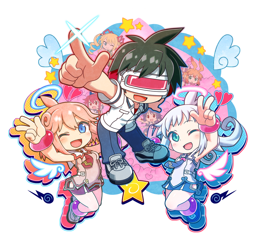 1boy, 6+girls, ;), ahoge, amatsuka_patako, angel, aqua_eyes, azure_striker_gunvolt