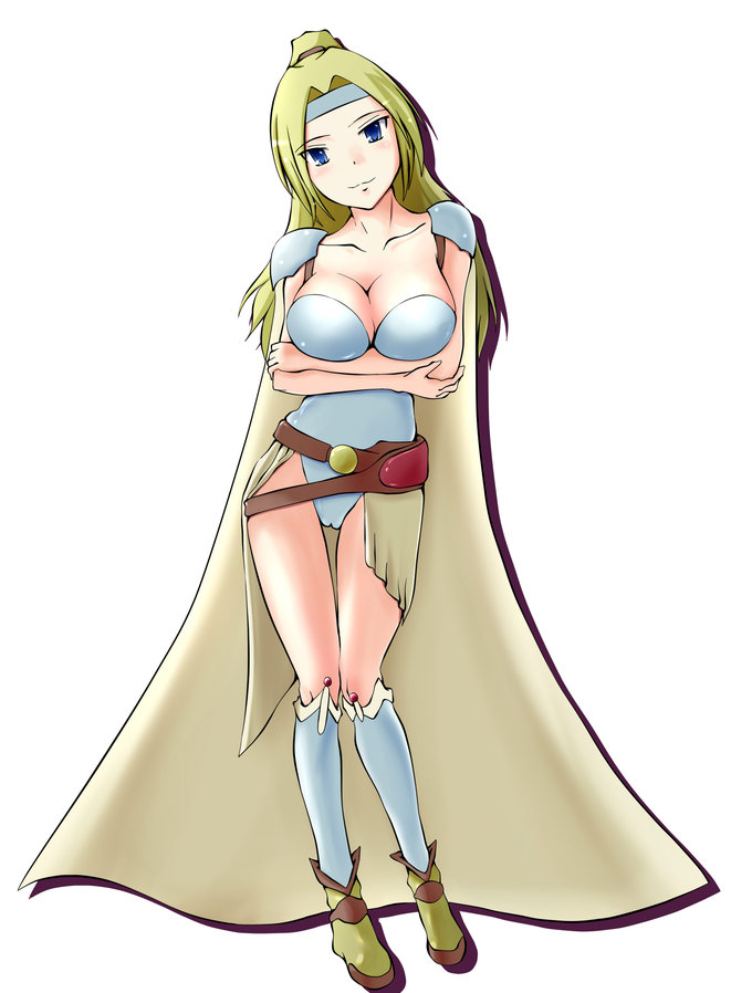 1990s_(style), 1girl, belt, blonde_hair, blue_eyes, boots, breast_hold, breasts