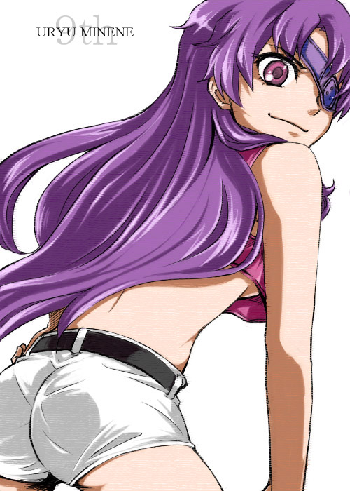 1girl, ass, breasts, eyepatch, female_focus, kca, long_hair, midriff, mirai_nikki, purple_eyes, purple_hair, short_shorts, shorts, solo, tank_top, underboob, uryuu_minene