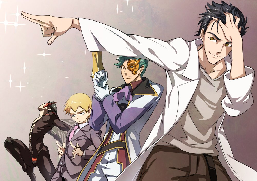 10s, 4boys, asutora, belt, black_hair, blonde_hair, bodysuit, busou_renkin