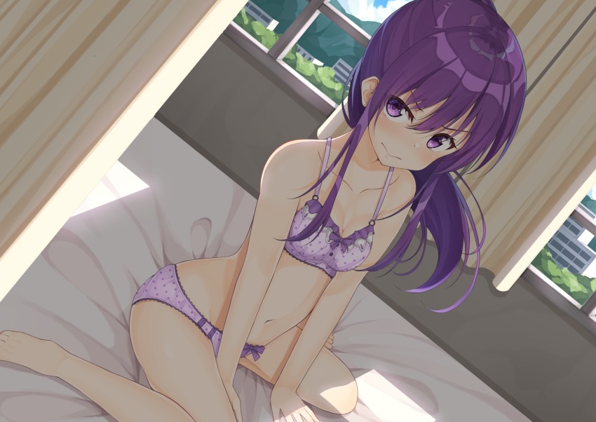 10s, 1girl, absurdres, bare_shoulders, barefoot, between_legs, blush, bra