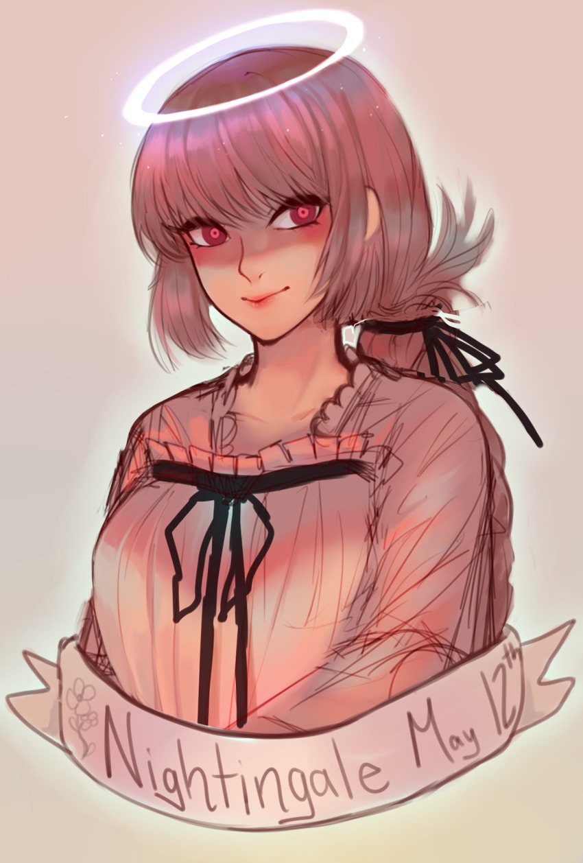 1girl, character_name, collarbone, commentary, dated, artistic_error, fate/grand_order, fate_(series), florence_nightingale_(fate), glowing, glowing_eyes, halo, highres, long_hair, nightgown, ponytail, shaded_face, smile, wiltedattention