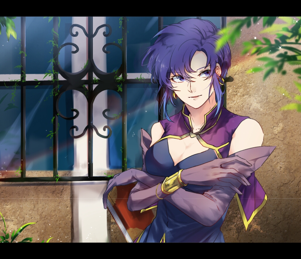 1girl, bare_shoulders, blue_eyes, book, breasts, brown_gloves, capelet, cleavage, commentary, crossed_arms, earrings, elbow_gloves, female_focus, fire_emblem, fire_emblem:_the_blazing_blade, gloves, haru_hikoya, holding, holding_book, jewelry, large_breasts, letterboxed, nintendo, outdoors, parted_lips, purple_eyes, purple_hair, short_hair, smile, solo, sunlight, upper_body, ursula_(fire_emblem), window