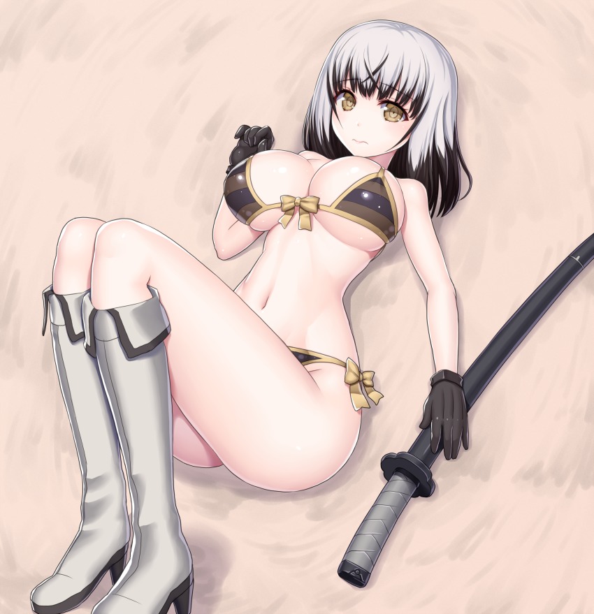 10s, 1girl, asamura_hiori, black_gloves, black_hair, boots, breasts, female_focus