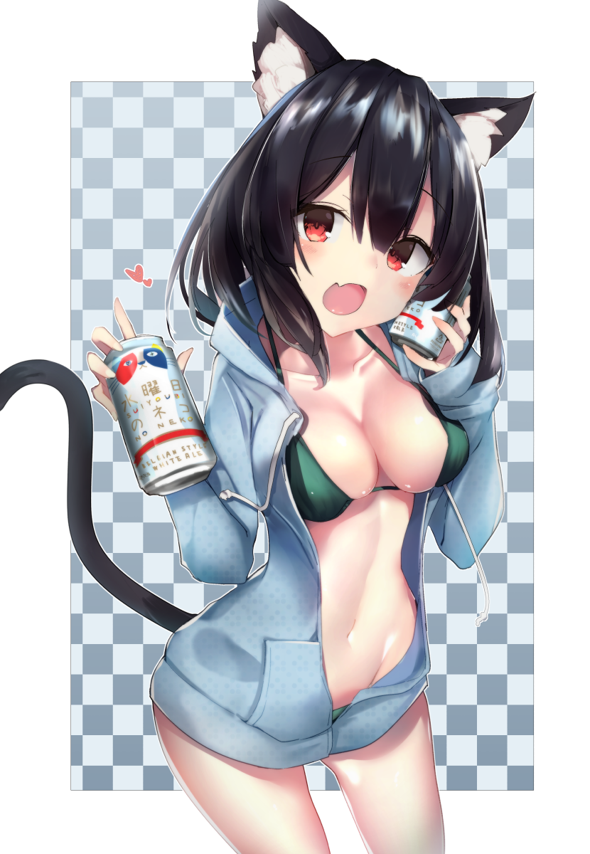 1girl, :d, animal_ear_fluff, animal_ears, azur_lane, bikini, bikini_under_clothes, black_hair