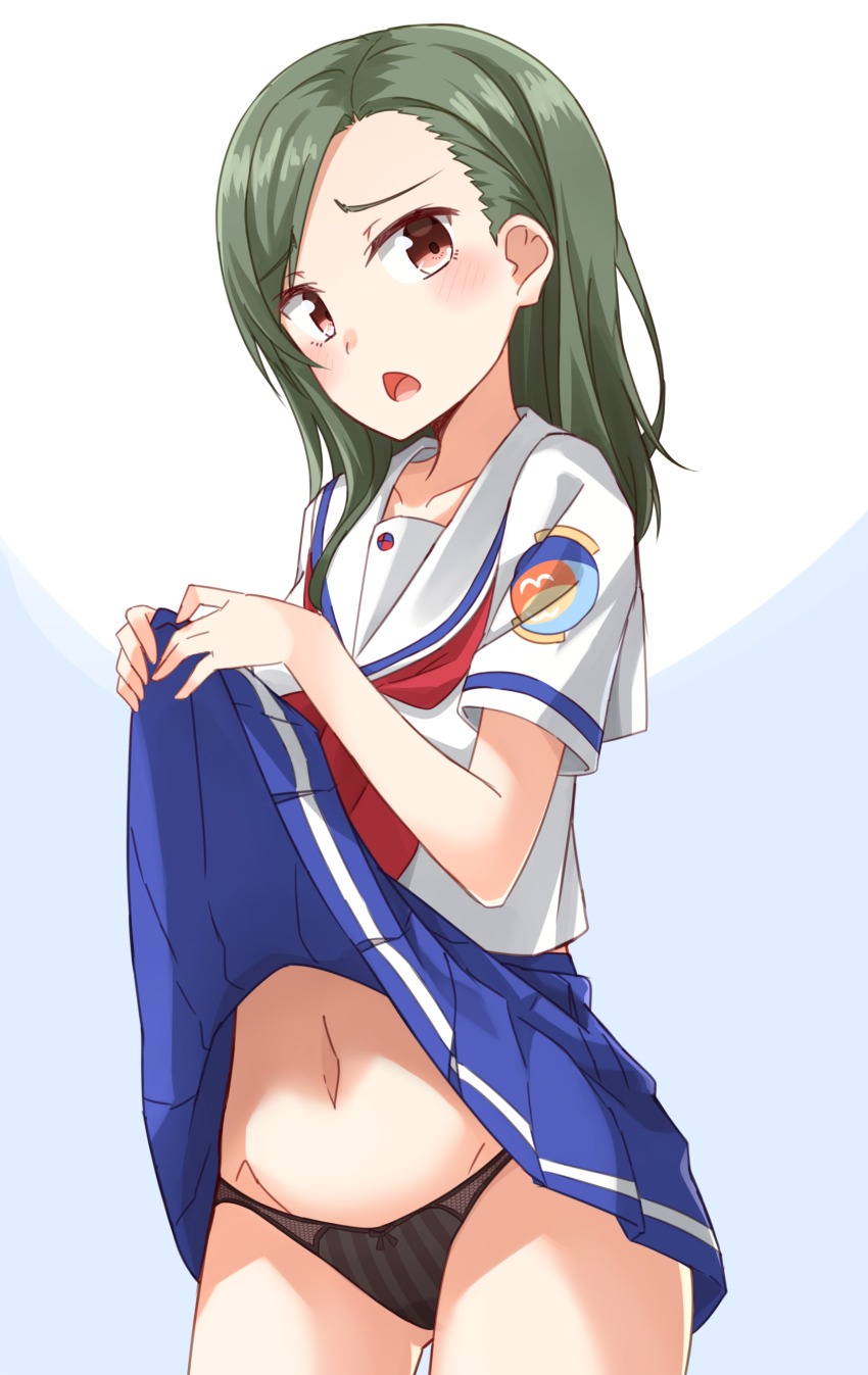 1girl, absurdres, black_panties, blue_background, blue_skirt, blush, bow, bow_panties