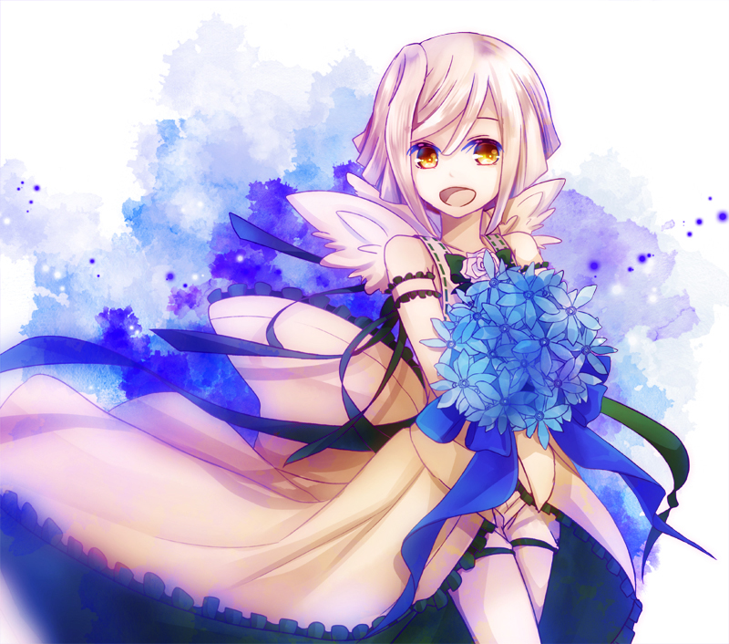 10s, 1girl, arm_garter, blue_flower, blue_ribbon, bouquet, bow, chiot_(god_eater)
