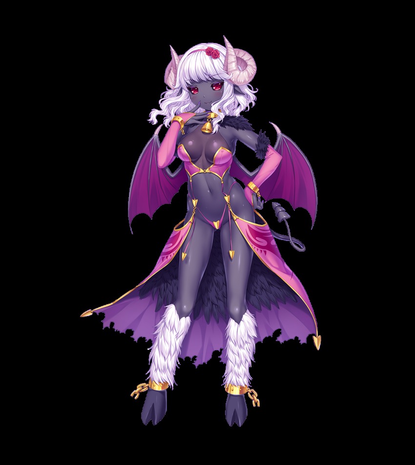 1girl, black_skin, breasts, chain, colored_skin, demon_girl, demon_tail, fingernails