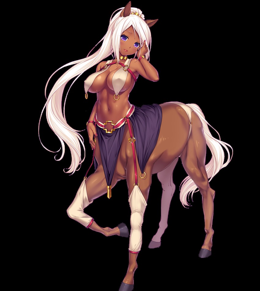 animal_ears, breasts, centaur, dark_skin, fingernails, full_body, highres, horse_ears, large_breasts, long_hair, monmusu, monster_girl, nail_polish, official_art, pointy_ears, ponytail, purple_eyes, sayori_(neko_works), tama_(tama-s), taur, tentacle_games, tsukimi_kirara, white_hair