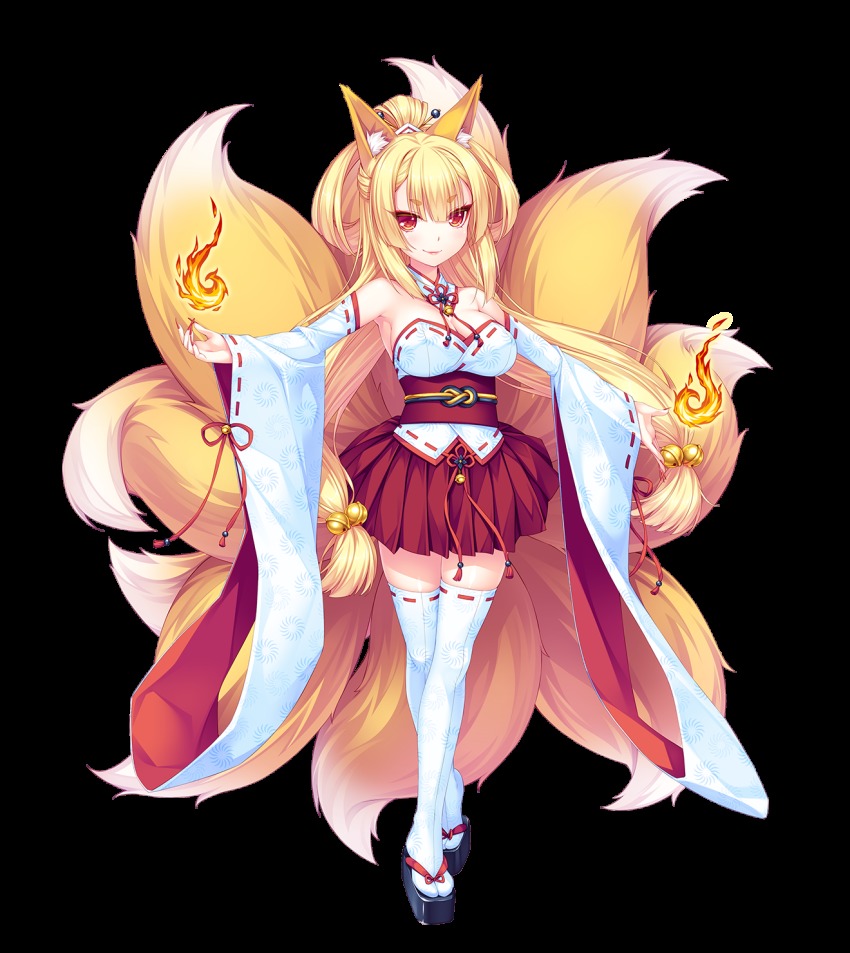 1girl, animal_ears, blonde_hair, breasts, fingernails, fox_ears, fox_girl, fox_tail