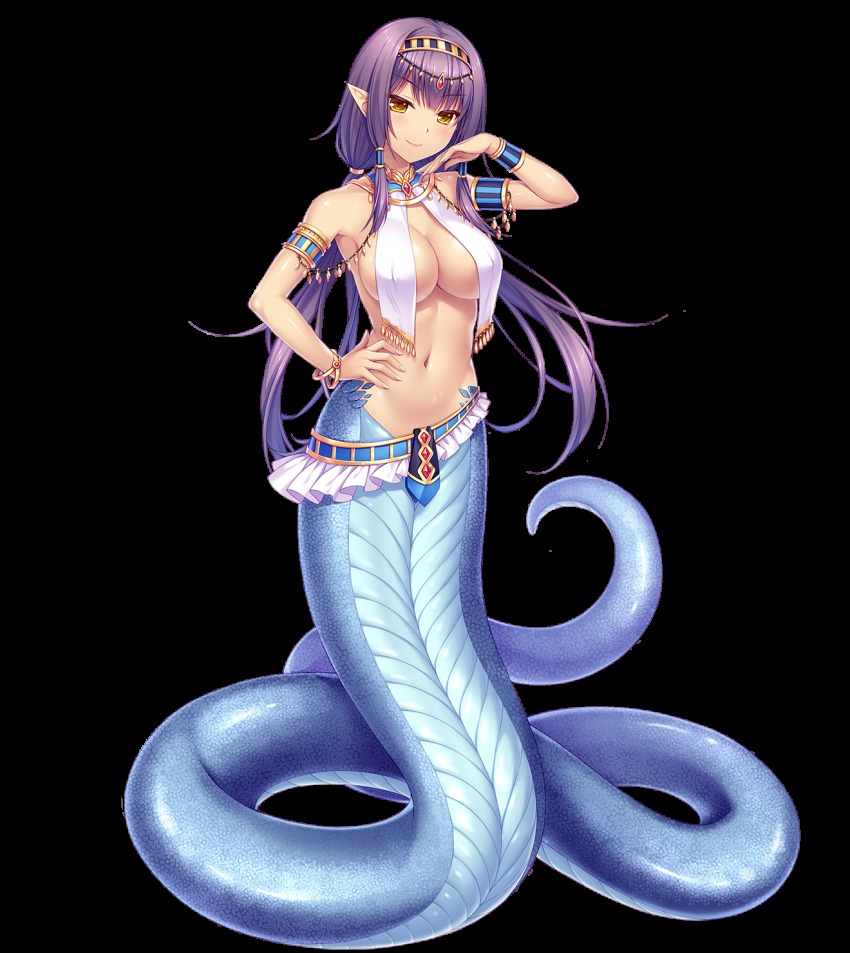 1girl, bracelet, breasts, full_body, highres, jewelry, lamia, long_hair, monmusu, monster_girl, official_art, pointy_ears, purple_hair, sayori_(neko_works), tagme, tama_(tama-s), tentacle_games, tsukimi_kirara, yellow_eyes