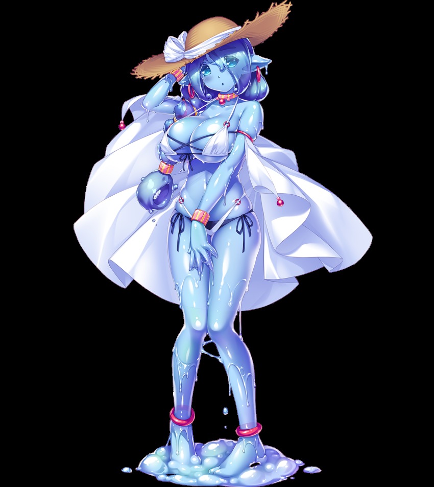 1girl, bikini, bikini_bottom_only, blue_eyes, blue_hair, blue_skin, blush, bow