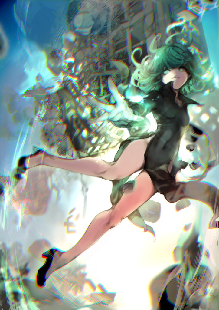 action, an'ninsou, aura, battle, black_dress, boulder, breasts, building