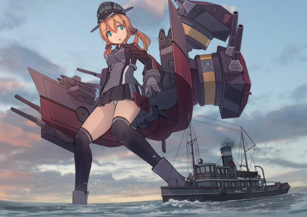 anchor_hair_ornament, aqua_eyes, black_skirt, blonde_hair, boat, cloud, cloudy_sky, cross, giant, giantess, gloves, gun, hair_ornament, hat, iron_cross, kantai_collection, kneehighs, low_twintails, microskirt, military, military_hat, military_uniform, ocean, peaked_cap, pleated_skirt, prinz_eugen_(kancolle), rigging, rudder_footwear, seo_tatsuya, ship_turret, skirt, sky, socks, solo, steamboat, tugboat, twintails, watercraft, weapon