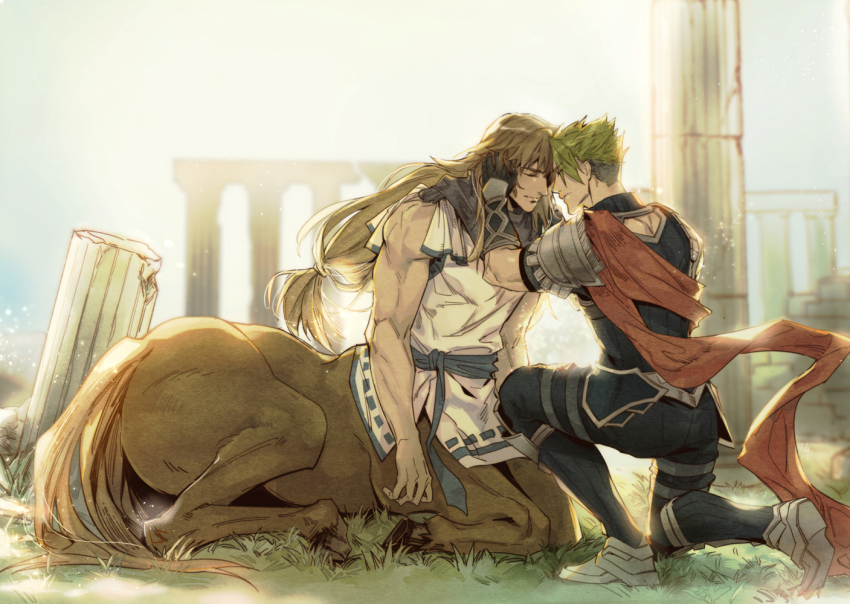 2boys, achilles_(fate), armor, back, backlighting, brown_hair, centaur, chiron_(fate)