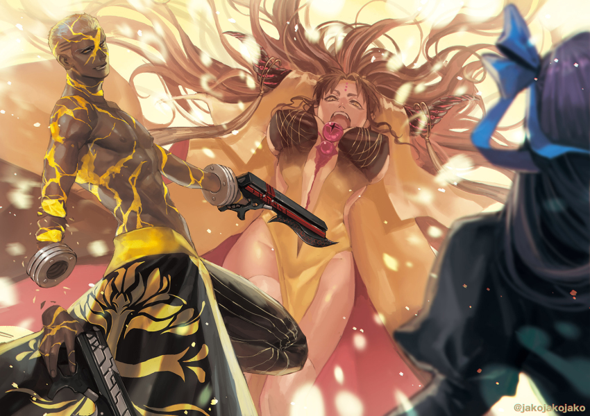 1boy, 2girls, archer_(fate), black_hair, breasts, character_request, check_character, dark-skinned_male, dark_skin, dual_wielding, emiya_alter, emiya_alter_(third_ascension), fate/grand_order, fate_(series), gun, hair_ribbon, highres, holding, holding_gun, holding_weapon, horns, jakojakojako, large_breasts, long_hair, looking_at_another, looking_back, meltryllis_(fate), multiple_girls, no_shirt, ribbon, sessyoin_kiara, sessyoin_kiara_(beast_iii/r), sessyoin_kiara_(heaven's_hole), short_hair, smile, spoilers, twitter_username, weapon, white_hair, yellow_eyes