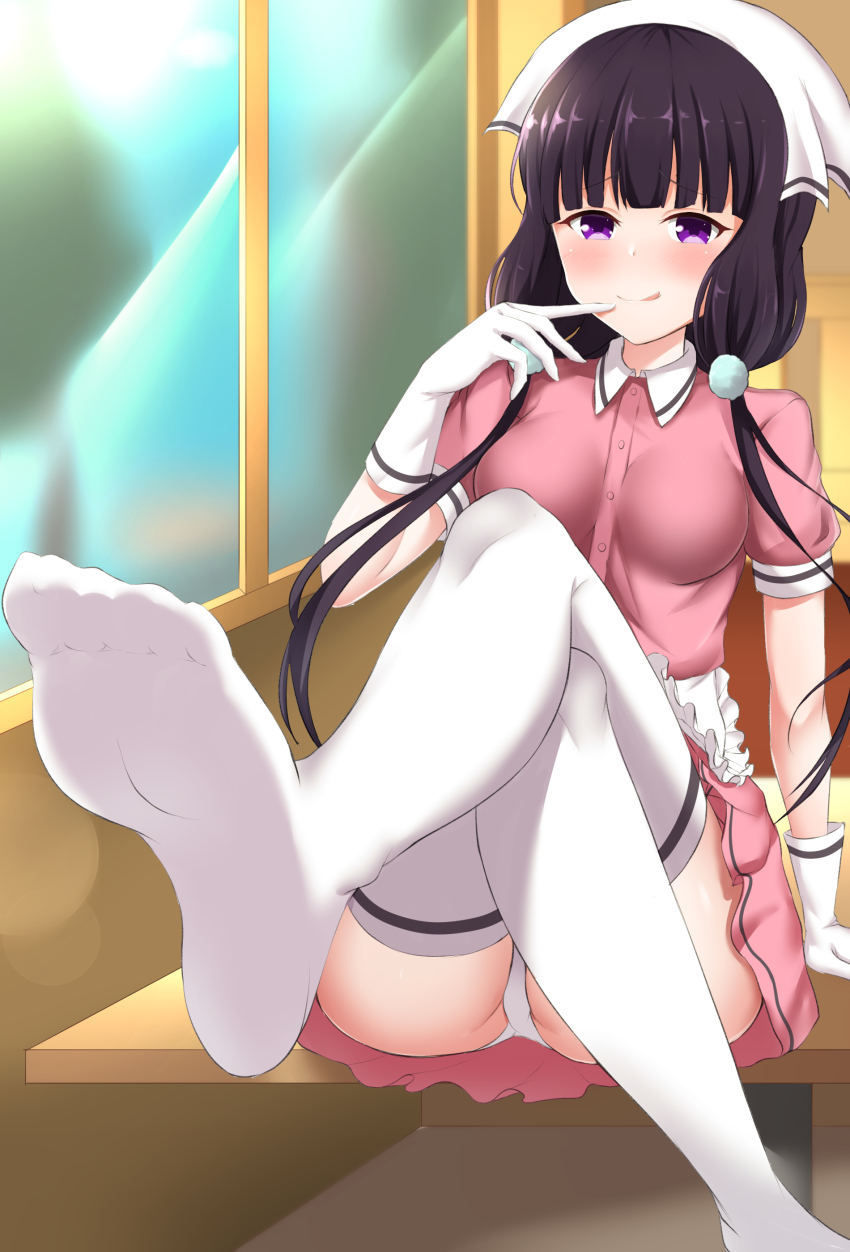 1girl, :q, absurdres, arm_support, black_hair, blend_s, blunt_bangs, crossed_legs
