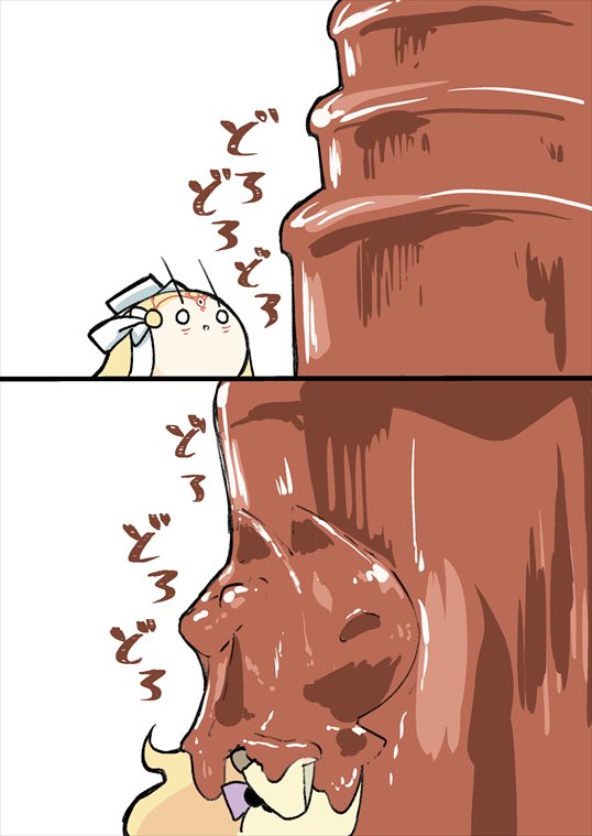 1girl, 2koma, akiyama_yuuji_(naruko-tei), bad_id, bad_twitter_id, blonde_hair, chocolate, chocolate_fountain