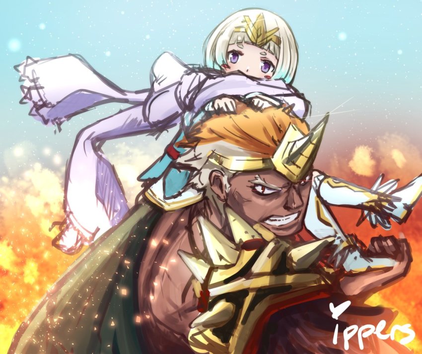 1boy, 1girl, bag, blue_hair, blush, dark_skin, detached_sleeves, feather_trim