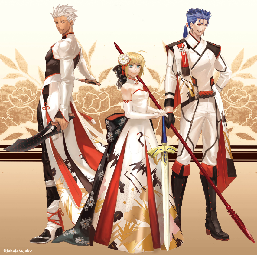1girl, 2boys, alternate_costume, archer_(fate), artoria_pendragon_(fate), black_bow, black_footwear, black_gloves