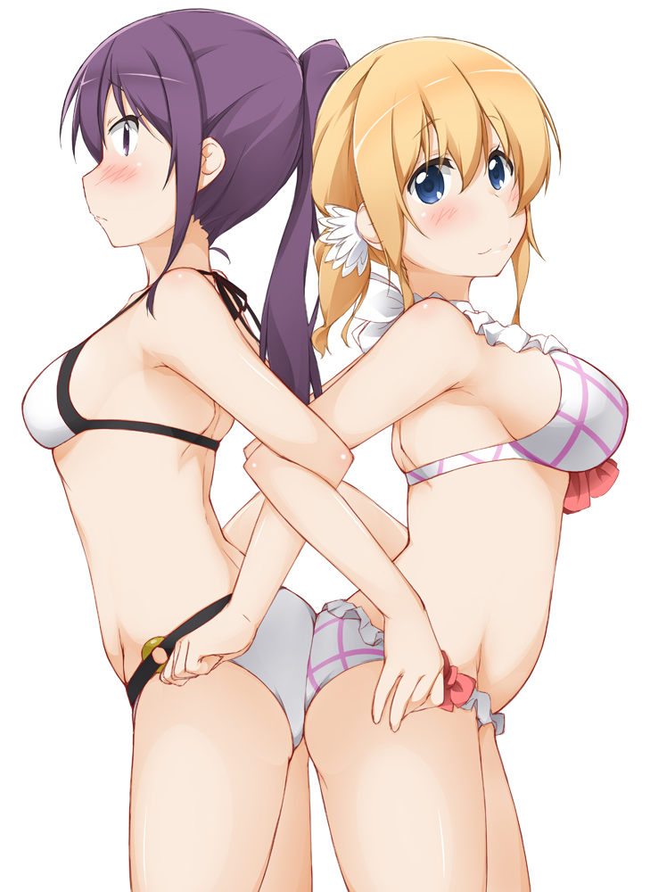 10s, 2girls, ass-to-ass, bare_arms, bare_shoulders, bikini, blonde_hair, blue_eyes