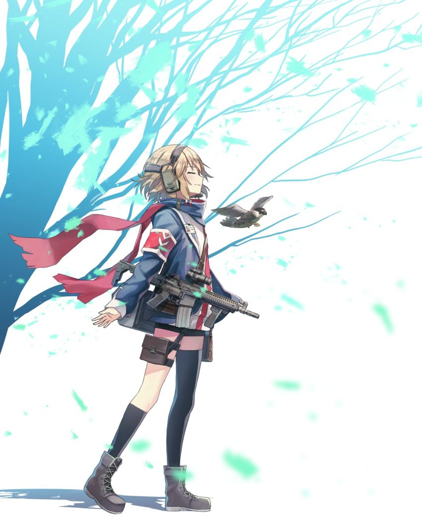armband, assault_rifle, asymmetrical_legwear, bird, black_shorts, black_socks, blonde_hair, boots
