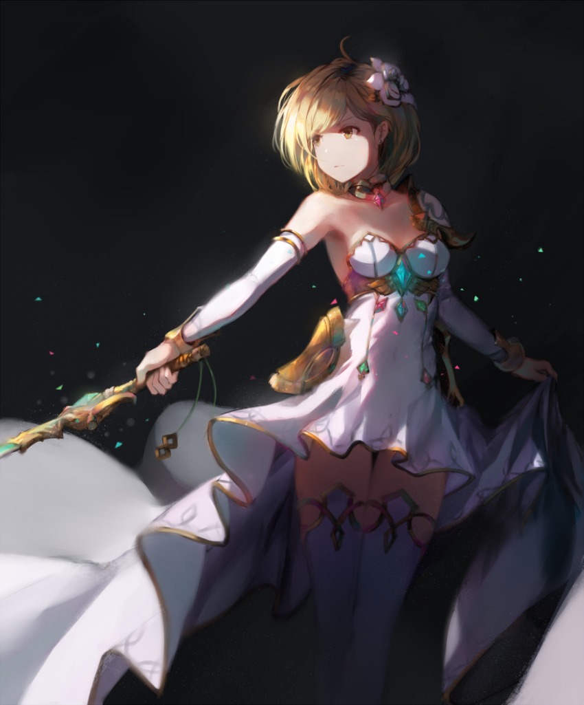 1girl, blonde_hair, brown_eyes, cosplay, detached_collar, detached_sleeves, djeeta_(granblue_fantasy), dress