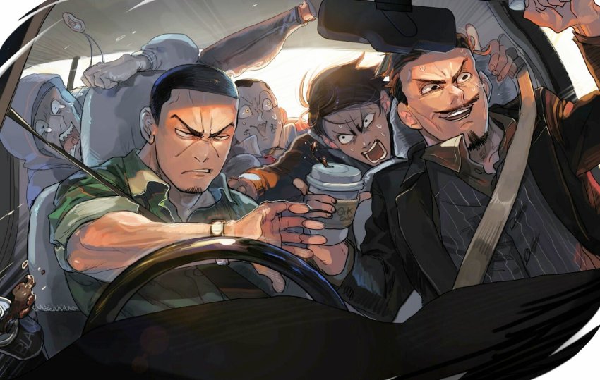 10s, 5boys, can, canned_coffee, clenched_teeth, coffee, contemporary, drink_can, driving, facial_hair, goatee, golden_kamuy, jacket, jewelry, koito, leaning, male_focus, multiple_boys, mustache, necklace, nikaidou_kouhei, oku_(2964_okn), open_clothes, open_jacket, open_mouth, sharp_teeth, shaved_head, short_sleeves, shouting, spilling, sweat, tearing_up, teeth, tsukishima, tsurumi_(golden_kamuy), tsurumi_tokushirou, usami_(golden_kamuy), yellow_eyes