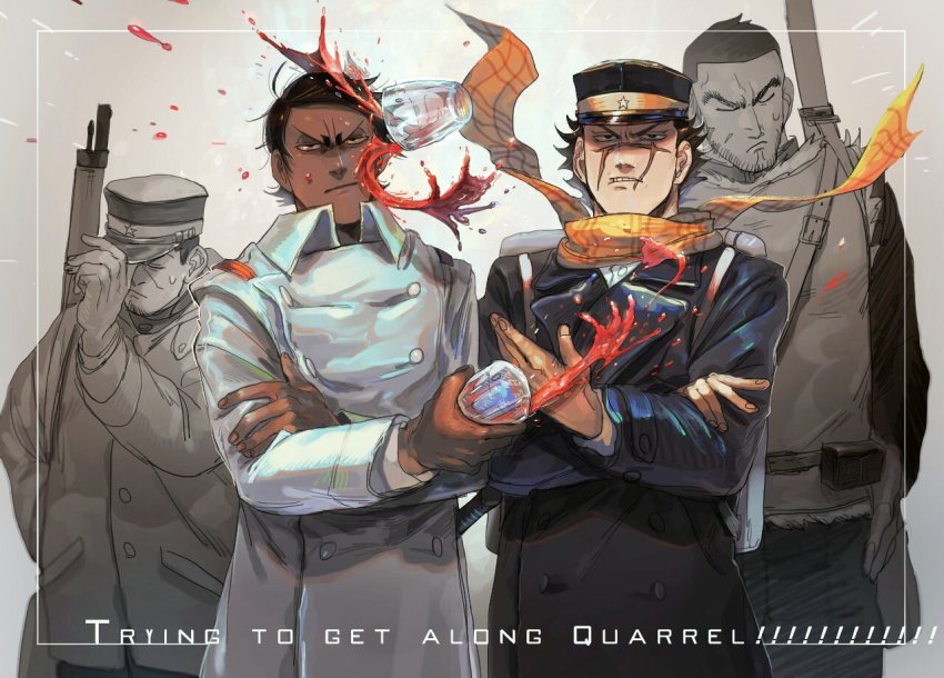 10s, 4boys, adjusting_clothes, adjusting_headwear, belt, black_hair, closed_eyes, coat