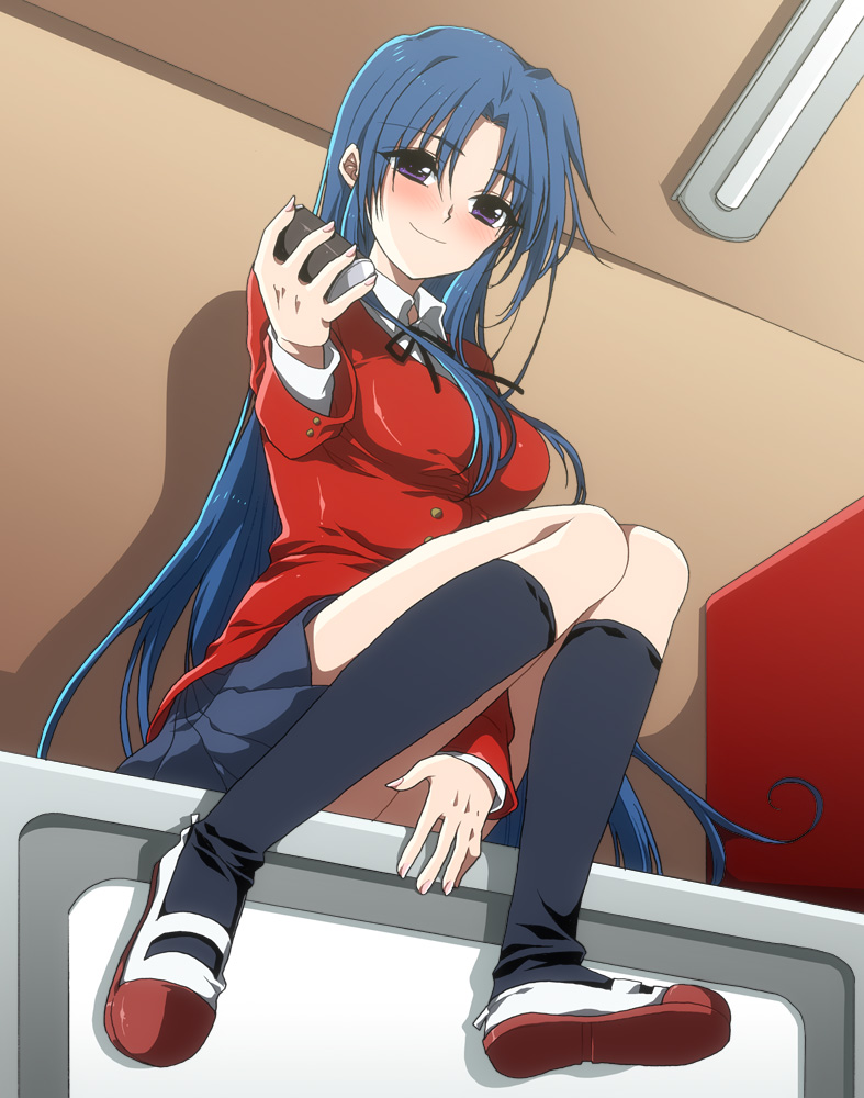 00s, 1girl, bad_id, bad_pixiv_id, blue_hair, blush, breasts, female_focus