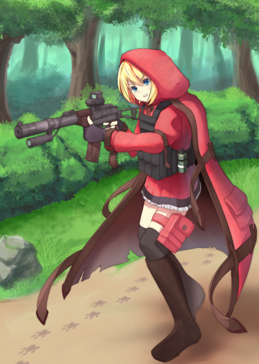 1girl, blonde_hair, blue_eyes, body_armor, boots, bulletproof_vest, bush, check_commentary, cloak, commentary, commentary_request, explosive, female_focus, fingerless_gloves, forest, gloves, grenade, gun, hand_grenade, holding, holding_gun, holding_weapon, hood, integral_suppressor, integrally-suppressed_firearm, knee_boots, little_red_riding_hood_(fairy_tale), little_red_riding_hood_(fairy_tale_character), load_bearing_vest, nature, original, paw_print, rifle, sniper_rifle, solo, suppressor, thighhighs, torn_cloak, torn_clothes, toz_(tulsky_oruzheiny_zavod), tree, tsniitochmash, tula_arms_plant, vss_vintorez, weapon, x_ace_k_x