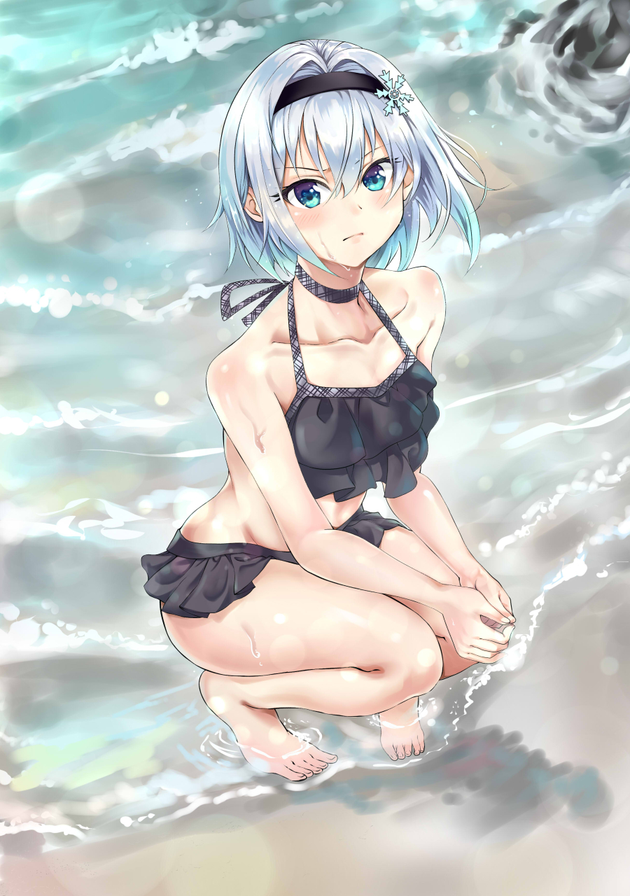 10s, 1girl, beach, bikini, bikini_skirt, black_bikini, blue_eyes, blue_hair