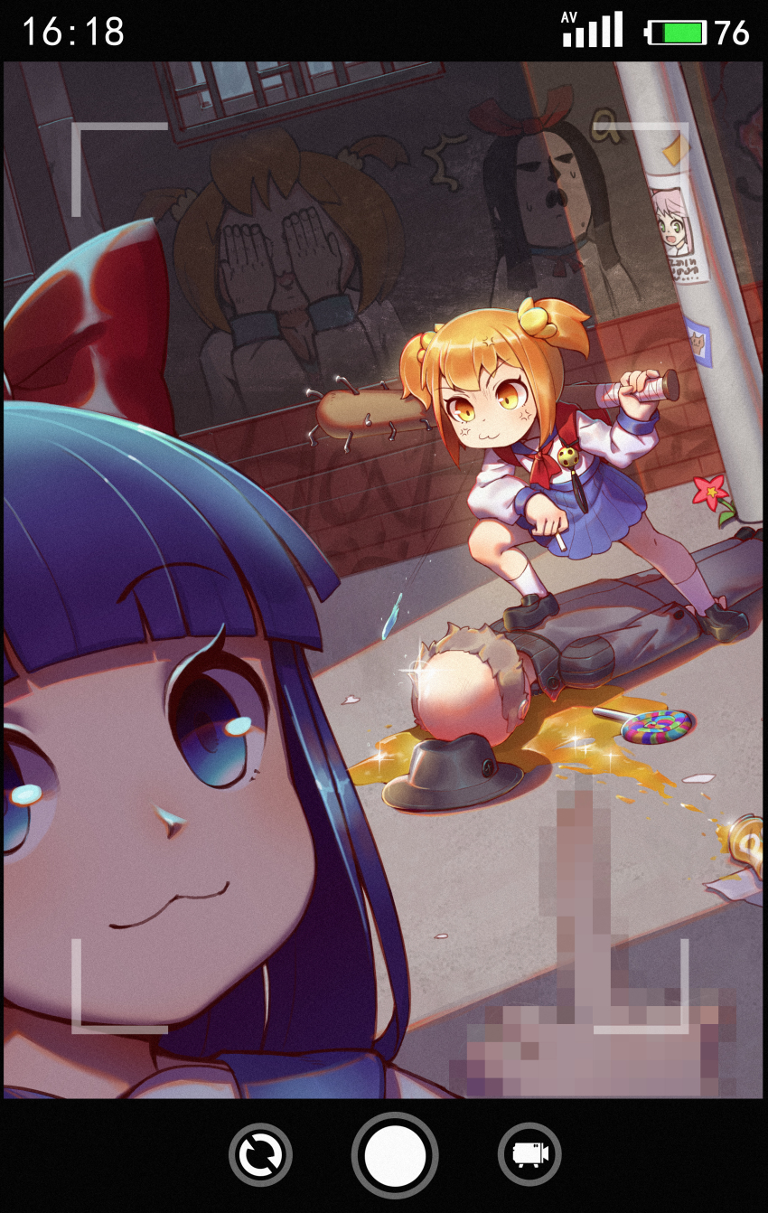 10s, 1boy, 2girls, :3, absurdres, anger_vein, black_hat, blue_eyes