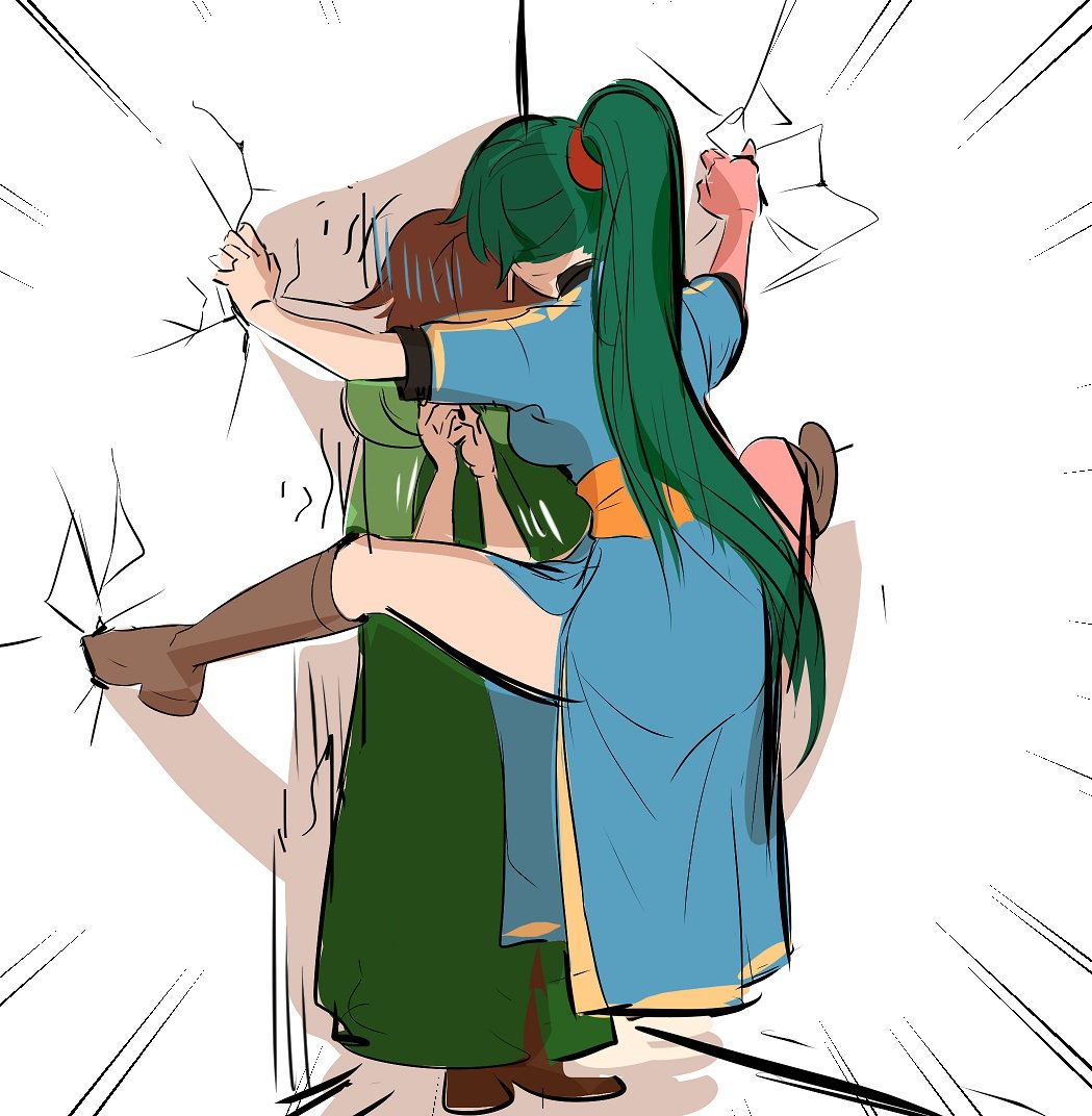 1boy, 1girl, against_wall, blue_dress, boots, brown_hair, cicada_block_(meme), cloak, commentary_request, dress, fire_emblem, fire_emblem:_the_blazing_blade, green_cloak, green_hair, hair_ornament, high_ponytail, kabedon, long_hair, lyn_(fire_emblem), male_mark_(fire_emblem:_the_blazing_blade), mark_(fire_emblem:_the_blazing_blade), meme, nintendo, ormille, ponytail