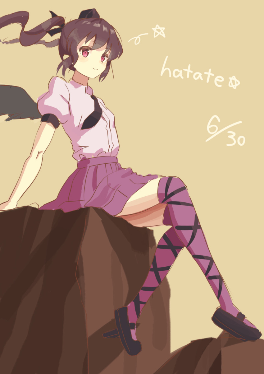 1girl, birijian, black_footwear, black_hat, black_necktie, black_ribbon, black_wings, brown_hair