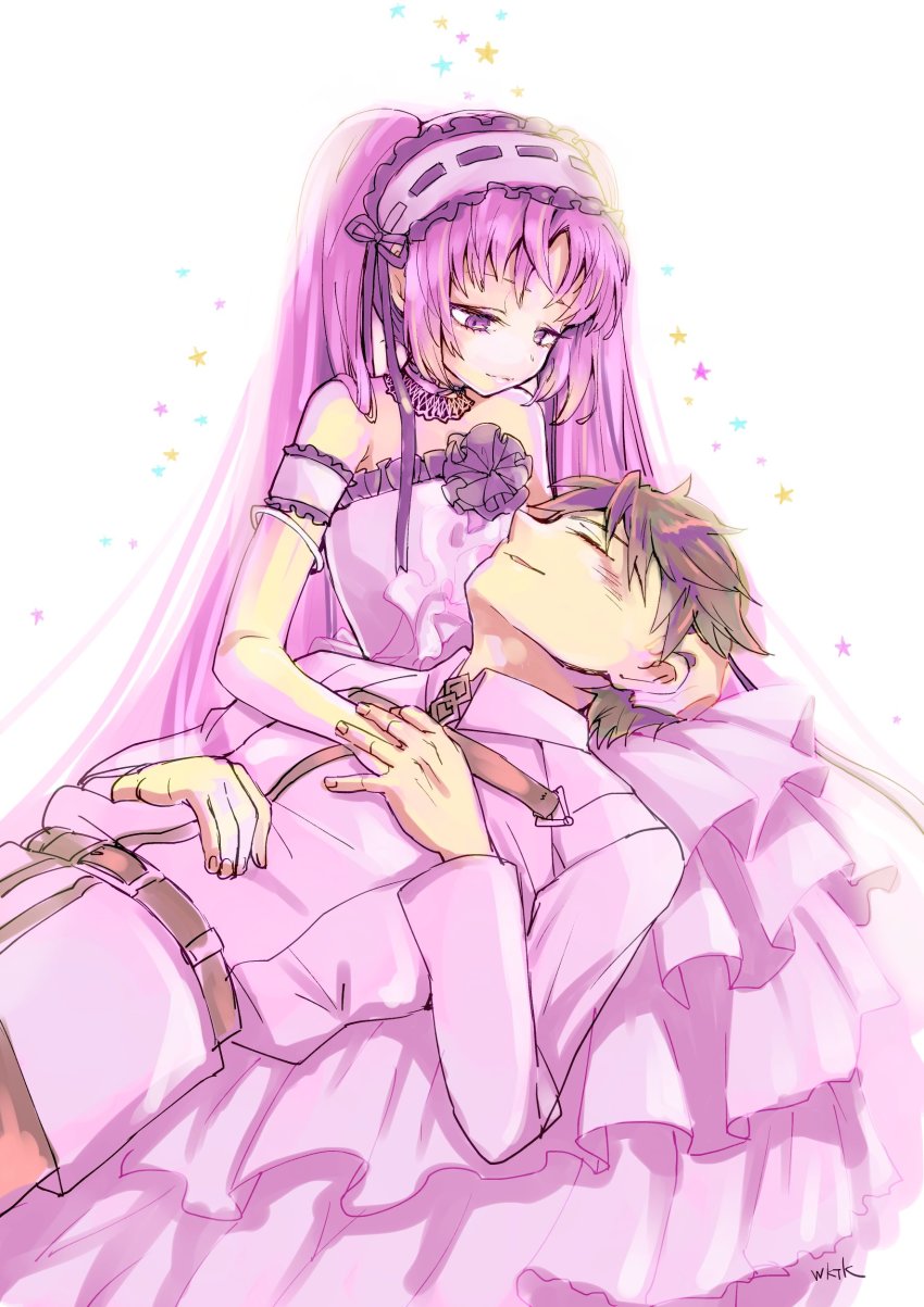 1boy, 1girl, absurdres, bare_shoulders, blush, chaldea_uniform, choker, commentary_request