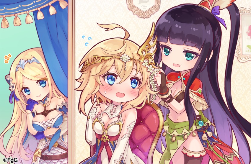 3girls, ahoge, aqua_eyes, asymmetrical_legwear, black_hair, blonde_hair, blue_eyes, blush