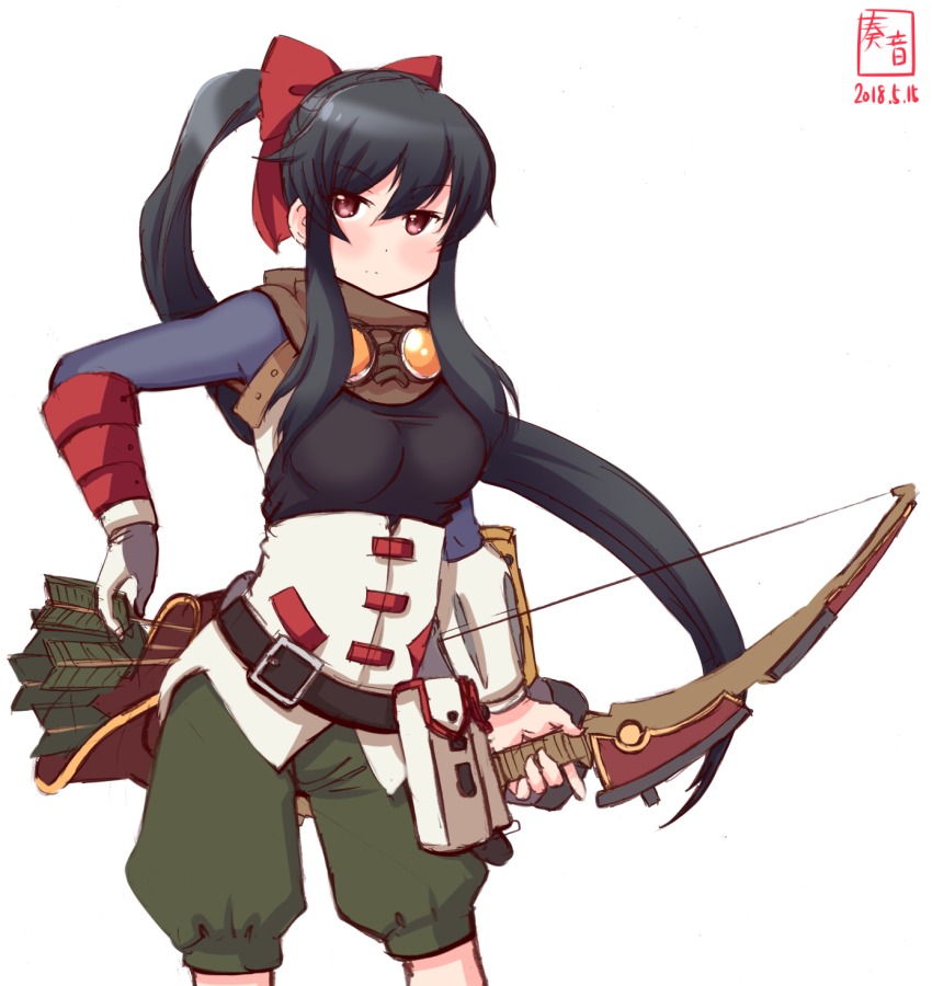 1girl, arrow_(projectile), artist_logo, belt, black_hair, bow, capri_pants, commentary_request