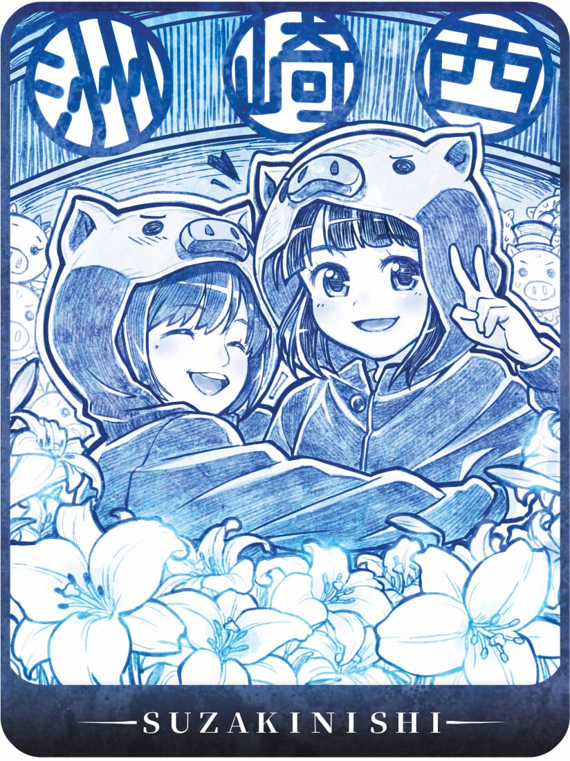 2girls, :d, animal_hood, blue_theme, border, commentary_request, copyright_request, closed_eyes, flower, hand_up, heart, hood, hood_up, hoodie, hug, long_sleeves, looking_at_viewer, monochrome, multiple_girls, nishi_asuka, open_mouth, sakino_shingetsu, smile, suzaki_aya, suzakinishi, v