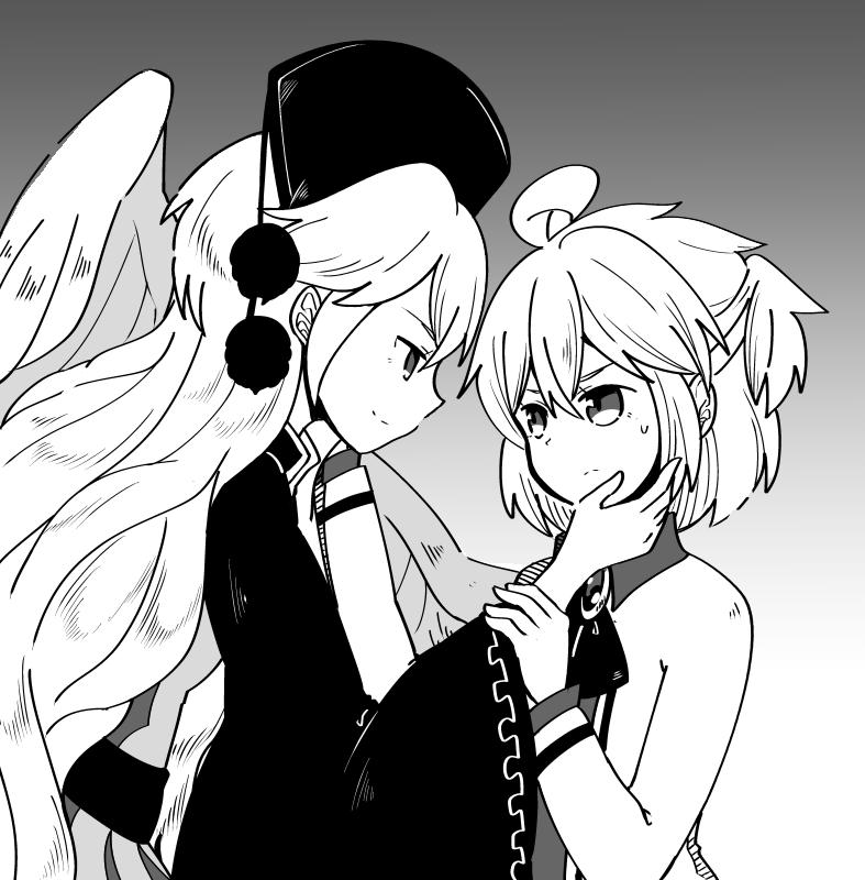 2girls, ahoge, brooch, buna_shimeji_(keymush), feathered_wings, greyscale, hand_on_another's_cheek, hand_on_another's_face, hat, jewelry, junko_(touhou), kishin_sagume, long_hair, long_sleeves, looking_at_another, monochrome, multiple_girls, pom_pom_(clothes), short_hair, single_wing, sweatdrop, touhou, upper_body, wide_sleeves, wings, yuri