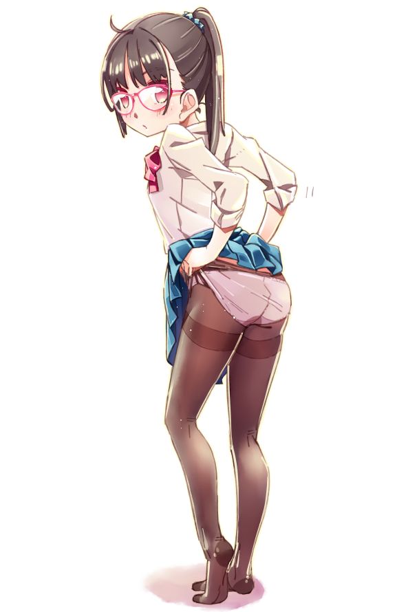 1girl, adjusting_clothes, black_hair, black_pantyhose, blush, clothes_lift, female_focus, glasses