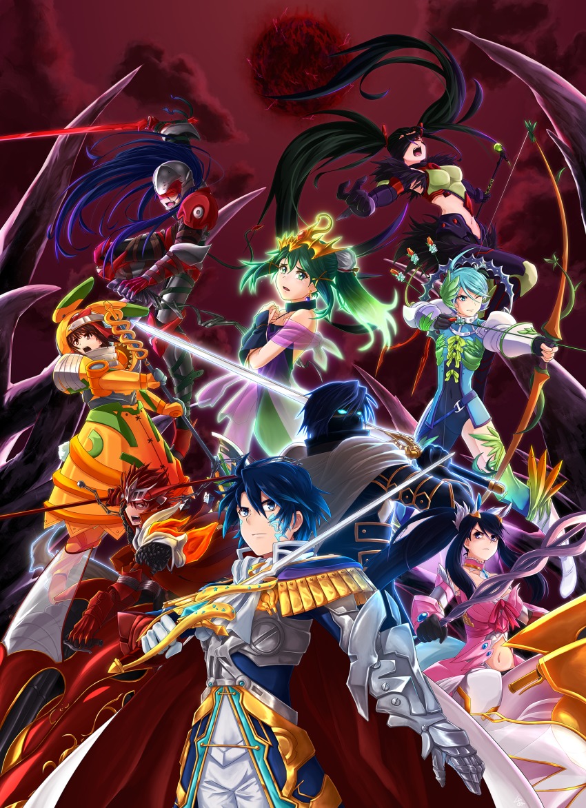 4boys, 5girls, absurdres, ahoge, akagi_toma, aoi_itsuki, aqua_hair, armor