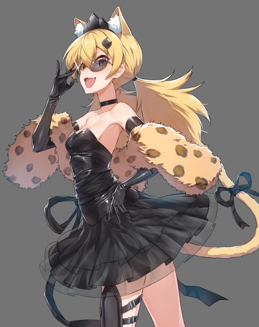 adjusting_eyewear, adjusting_glasses, animal_ears, animal_print, armpits, black_dress, black_gloves, black_ribbon