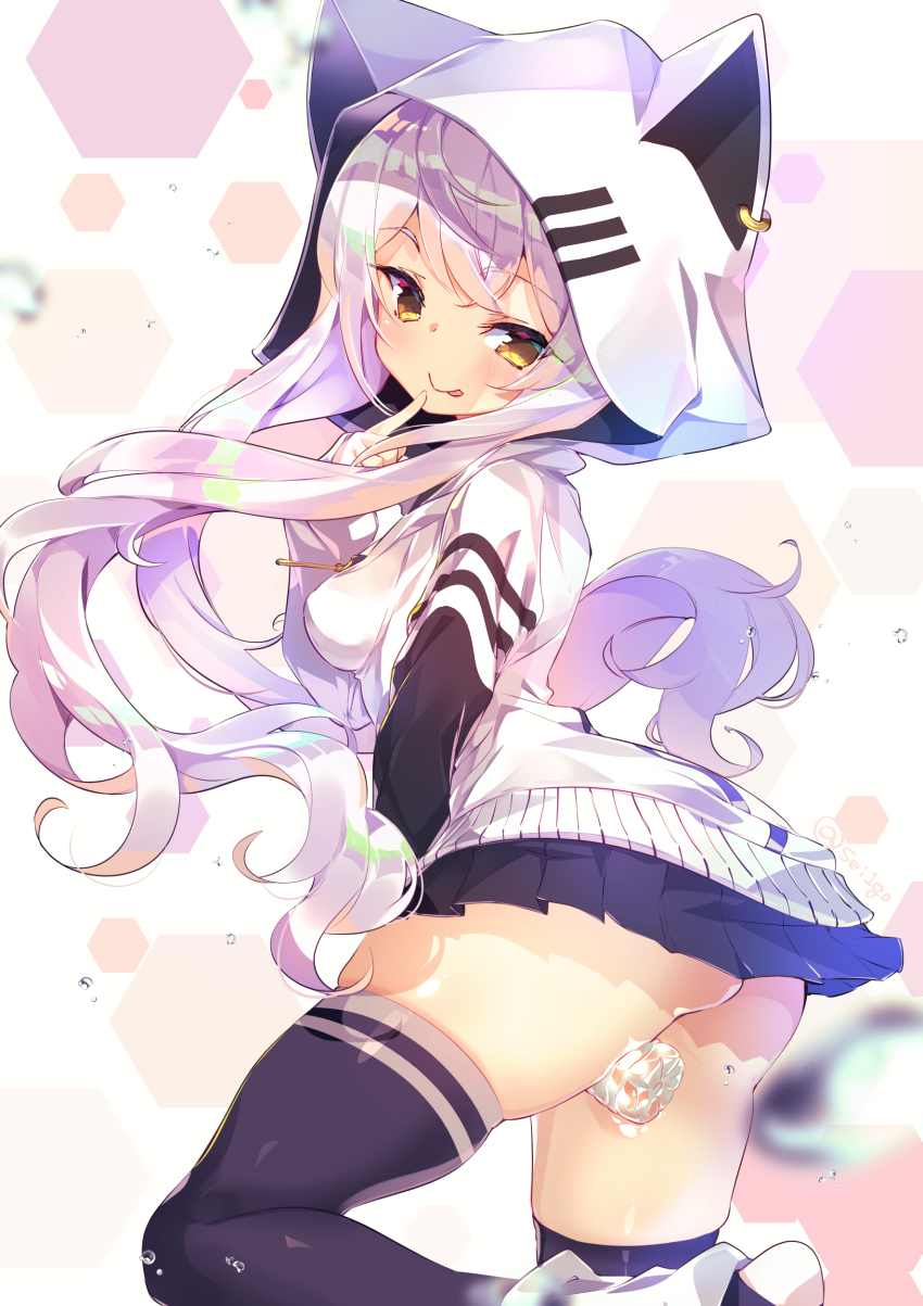 1girl, :p, absurdres, animal_hood, ass, azuma_lim, between_legs, black_skirt