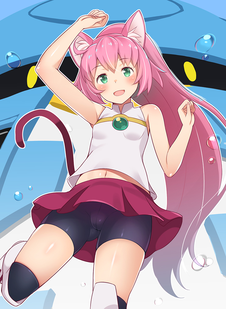 10s, 1girl, animal_ears, arm_up, armpits, bare_arms, bare_shoulders, bike_shorts, black_thighhighs, boots, cameltoe, cat_ears, cat_girl, cat_tail, clenched_hands, crotch_seam, female_focus, fingernails, gluteal_fold, green_eyes, gundam, gundam_build_divers, honda_naoki, knee_boots, leg_lift, long_hair, midriff, miniskirt, momo_(gundam_build_divers), momokapool, navel, open_mouth, pink_hair, ponytail, red_skirt, shirt, shorts, shorts_under_skirt, skirt, sleeveless, sleeveless_shirt, smile, solo, standing, standing_on_one_leg, tail, thighhighs, thighs, very_long_hair, white_boots, white_shirt, yashiro_momoka