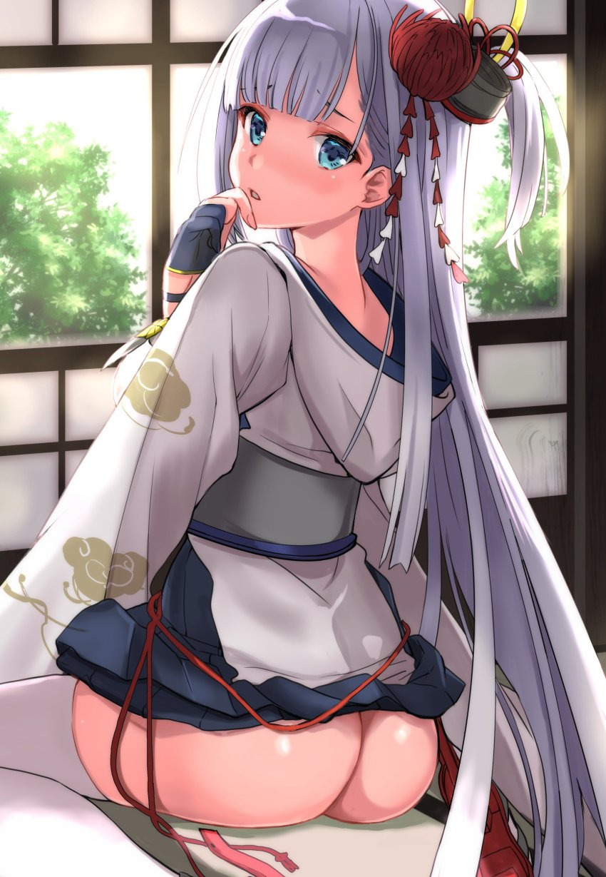 1girl, abeno_chako, absurdres, ass, azur_lane, black_gloves, blue_eyes, blue_skirt, blunt_bangs, boots, bottomless, clothes_lift, female_focus, floral_print, gloves, hair_ornament, hand_up, highres, hood, hood_down, indoors, jacket, long_hair, long_sleeves, looking_at_viewer, looking_back, parted_lips, partially_fingerless_gloves, pleated_skirt, purple_hair, sash, shoukaku_(azur_lane), sitting, skirt, skirt_lift, solo, thighhighs, very_long_hair, wariza, white_thighhighs