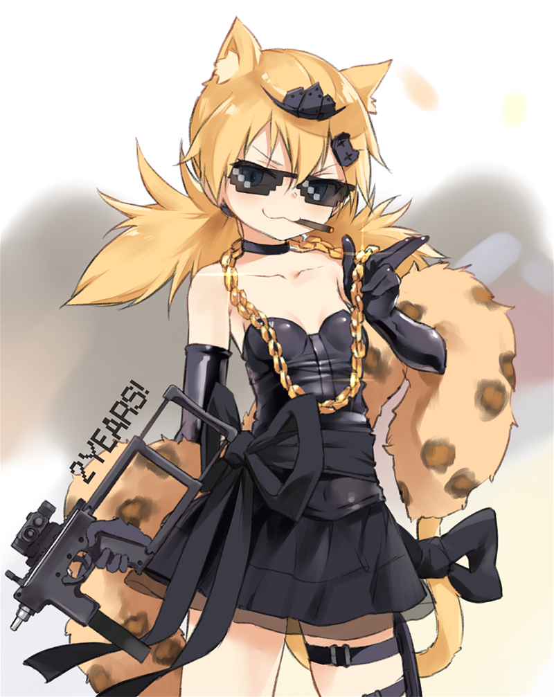1girl, :3, animal_ears, black_dress, black_gloves, blonde_hair, blue_eyes, bushman_ltd.